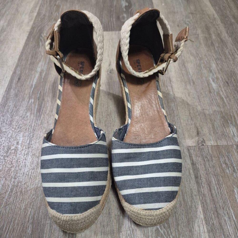 Women's Sperry Espadrille Wedge Sandals Blue/White‎ Striped Sz 8